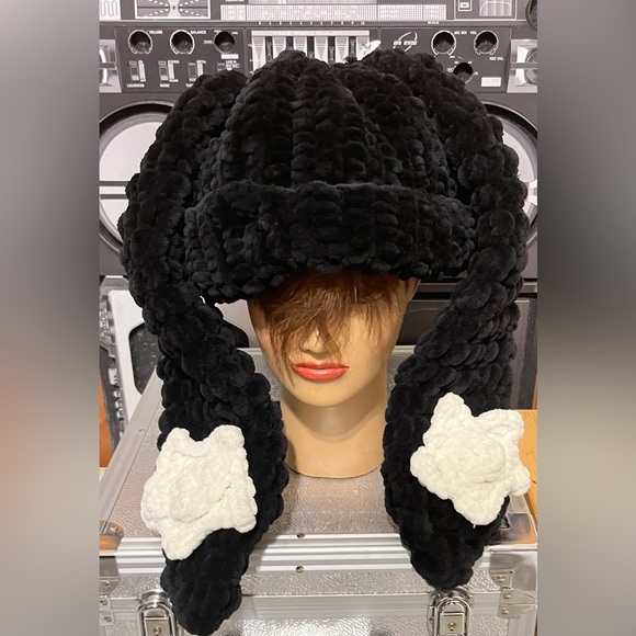 Handmade Black Super Thick Knit Rill Up Beanie w/ Bunny Ears Women\'s Hat